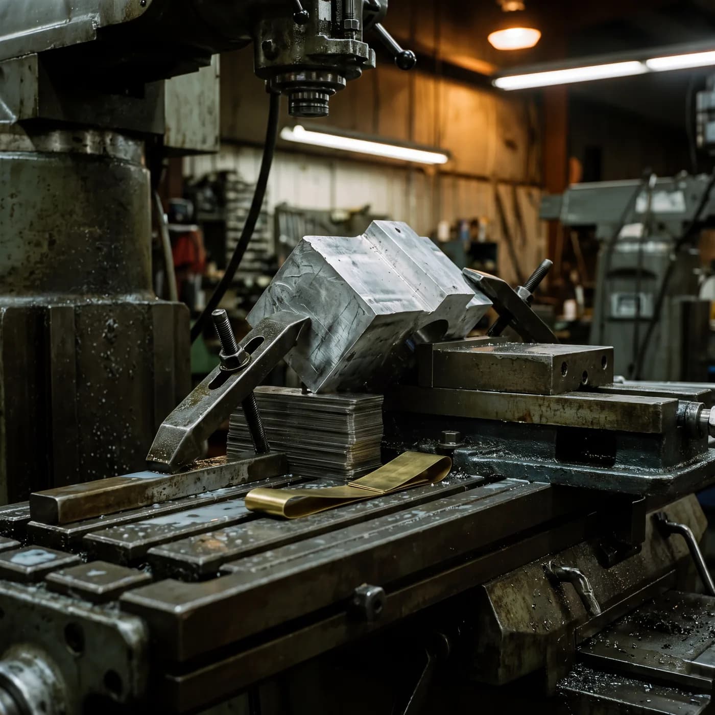 An improvised machining fixture on a mill table, held with mismatched toe clamps and a folded strip of brass shim stock