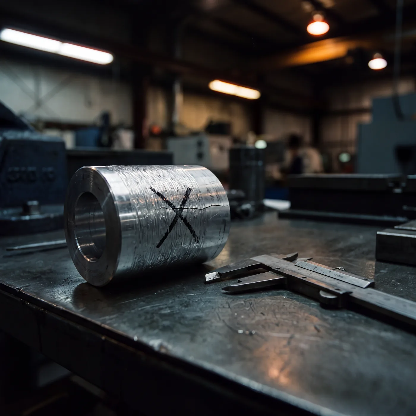 A rejected machined aluminium part on a steel workbench, marked with a grease-pencil X, calipers beside it