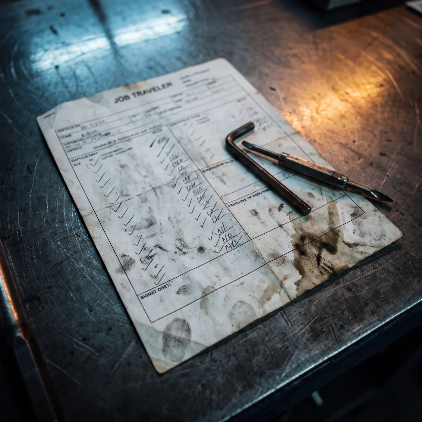 A creased paper job traveler sheet on a steel bench, marked in pencil and stained with oil