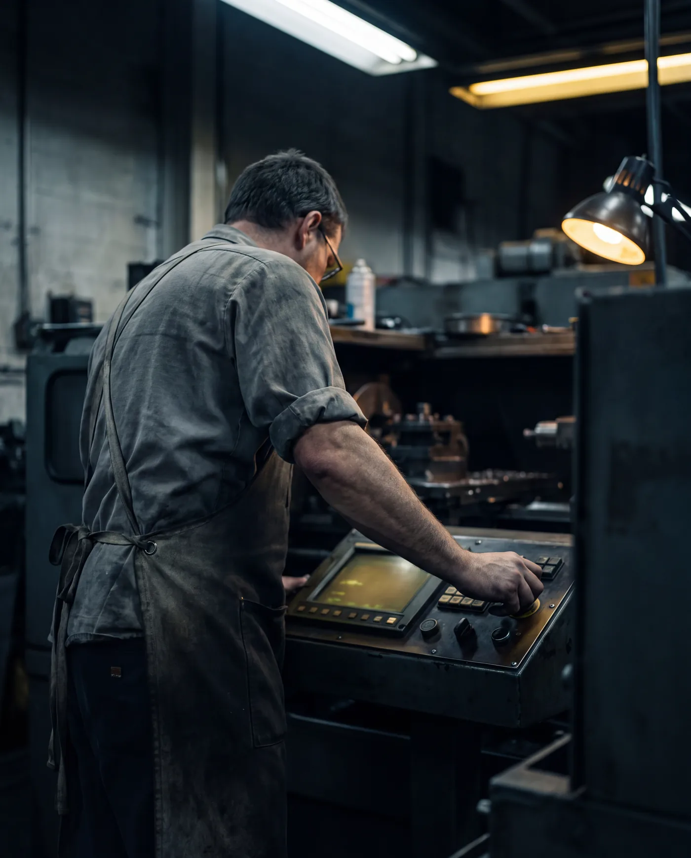 A machinist standing at a CNC control panel in a dim workshop, one hand on the jog dial